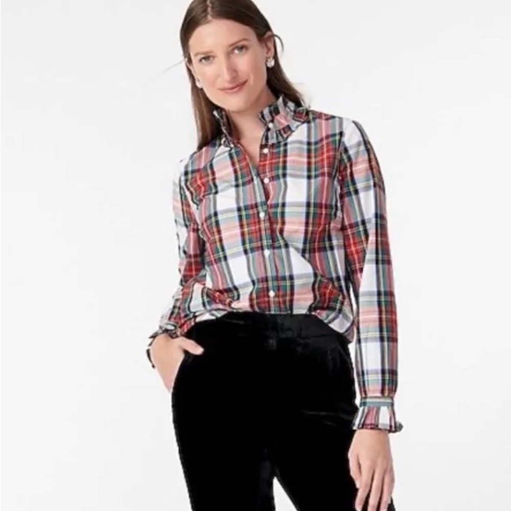 J Crew Ruffle neck classic-fit boy shirt in snowy Stewart tartan XXS - Picture 3 of 6